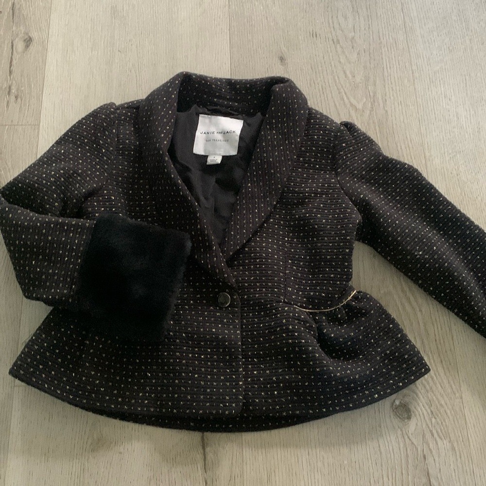 Janie and Jack Girls Black Gold Metallic Peplum‎ Blazer Faux Fur Cuffs Size 5